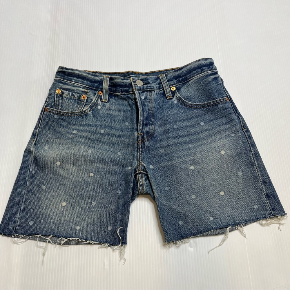 Levi’s 501 Red Tab High Rise White Polka Dot Cut Off Denim shorts